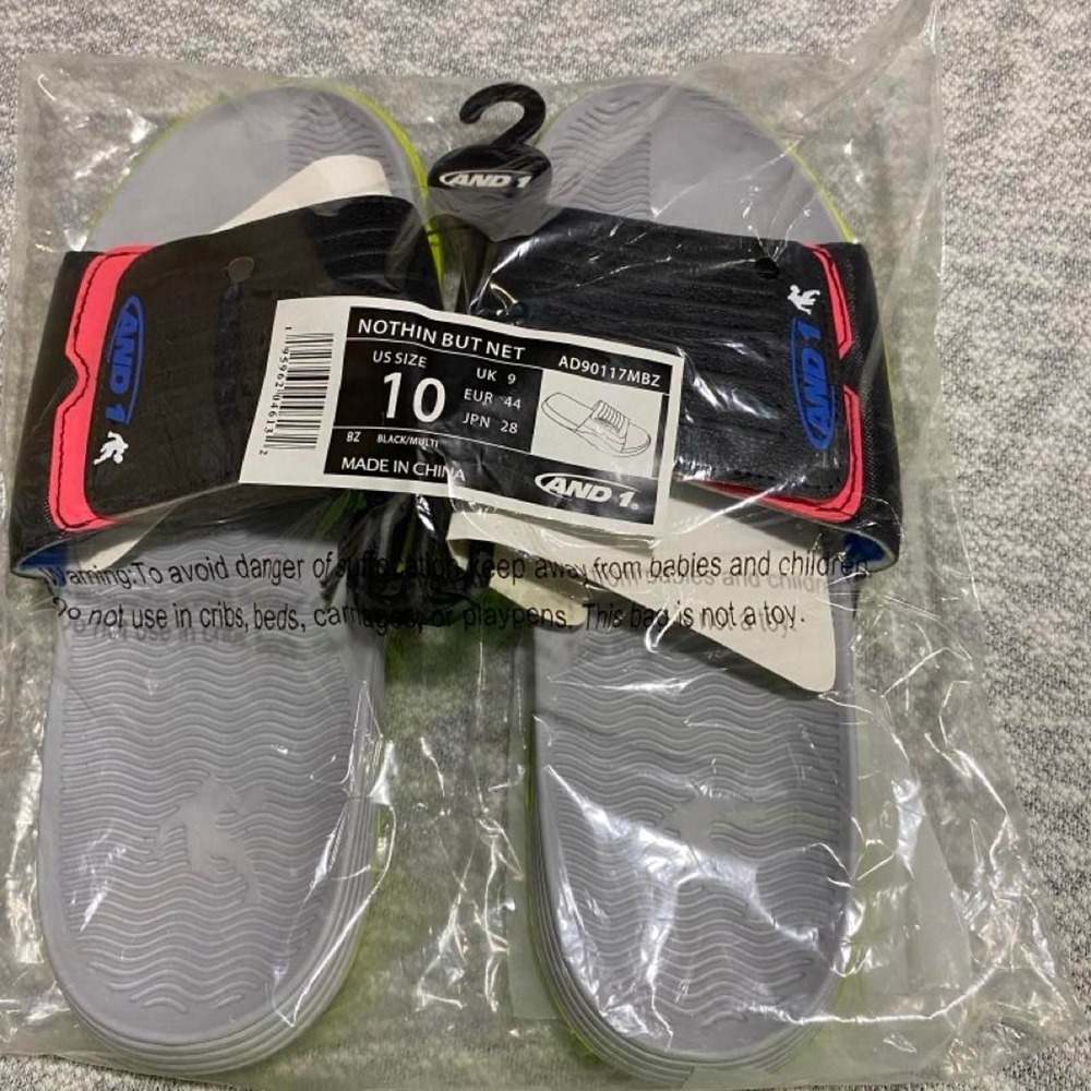 AND1 black & multi-colored slides adult US size10. SKU-B884